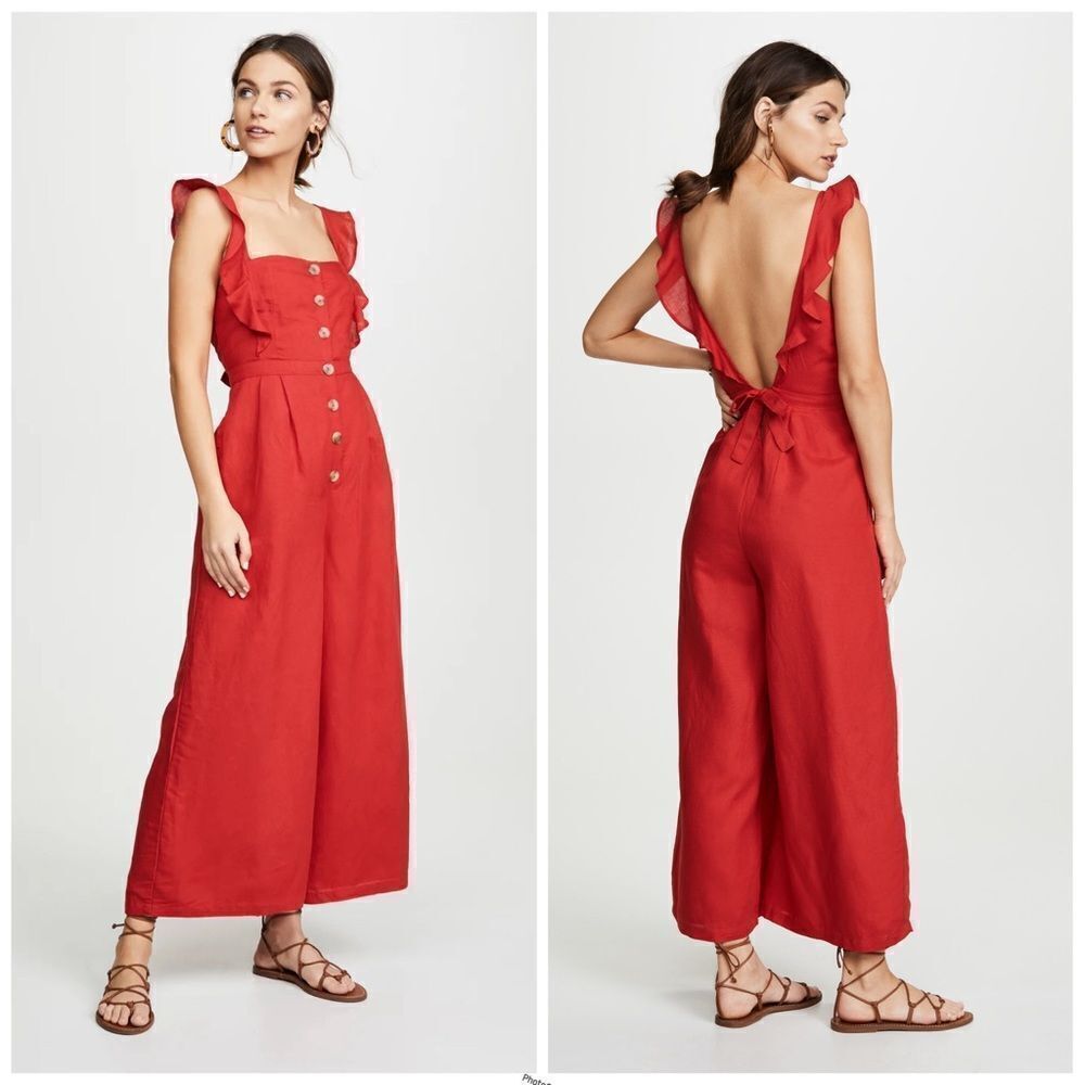 Revolve Red Carter Allison Button-Down Frill Ruffle Tie Back Jumpsuit